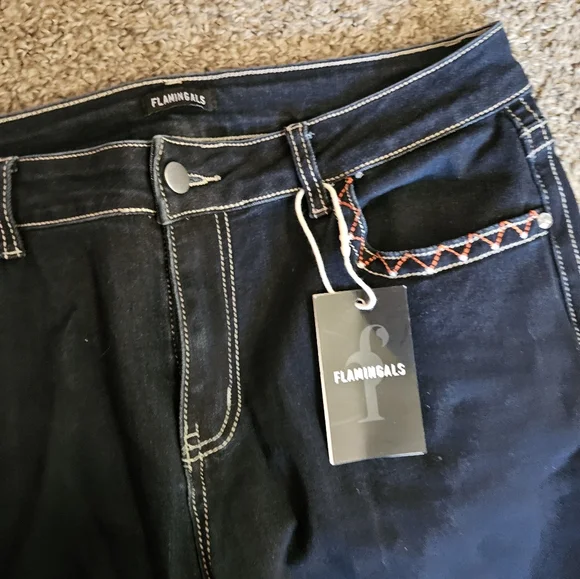 Flamingals Embroidered Dark Blue Jeans - Picture 2 of 8
